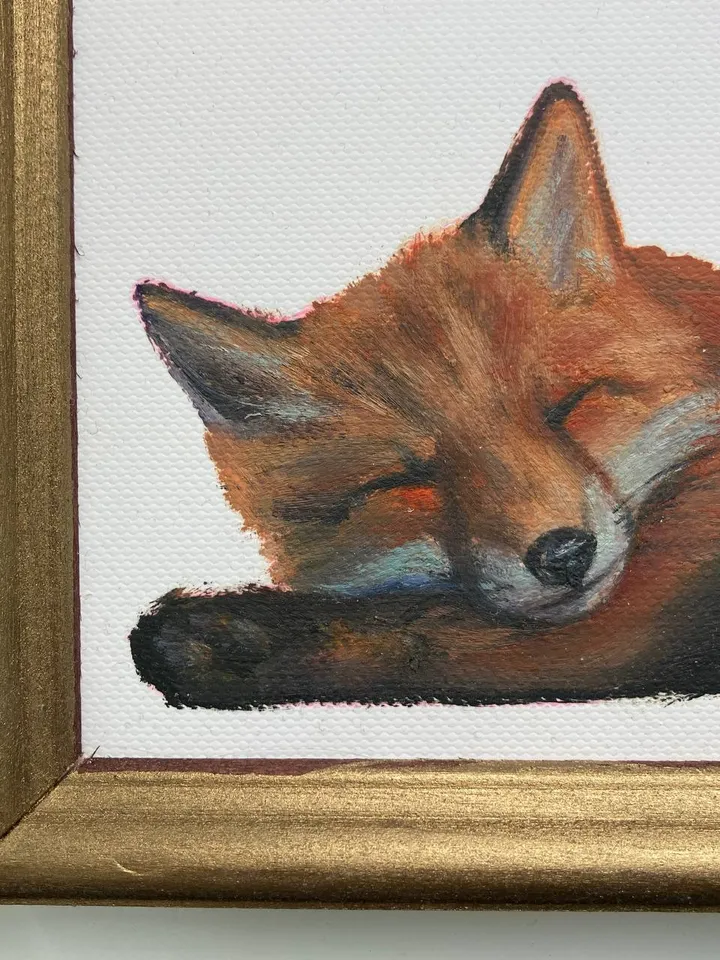Cute Fox Painting Framed Antique Oil Painting Original Art Gold Frame Animal Painting Realistic Fox Small Oil Painting Framed Decor