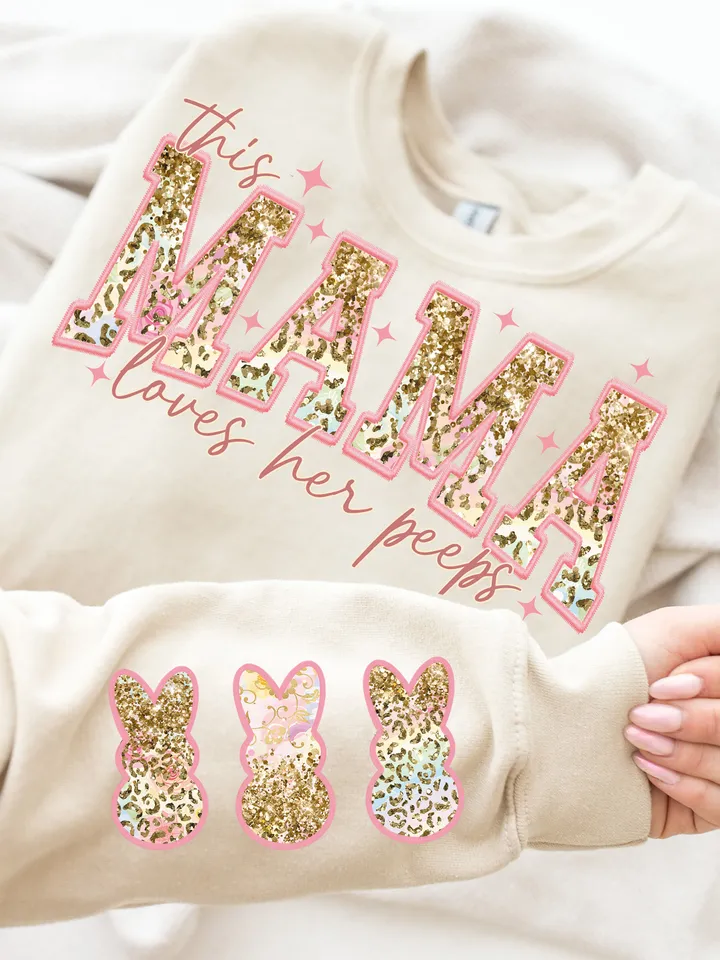 This MAMA Loves Her Peeps PNG, Mama Easter Shirt Design, Embriodery Easter Day PNG File, Mama Easter, Leopard Glitter, Retro Easter Png
