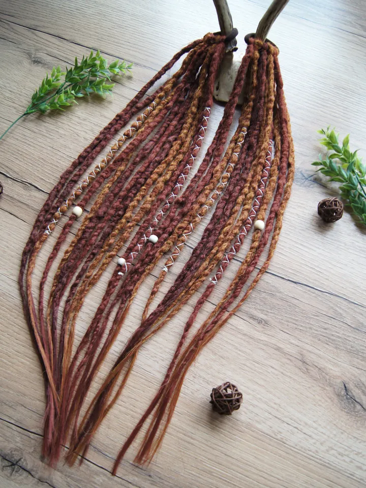 Red dreadlock extensions on hair tie 2 Ponytail synthetic dreads bronze red auburn bohemian boho style Wig Hair Falls cosplay