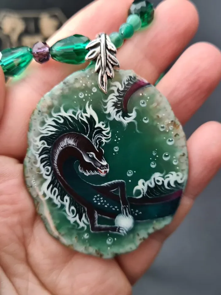 Dragon necklace Painting Dragon on Agate Stone charm Christmas Gift Wrapping