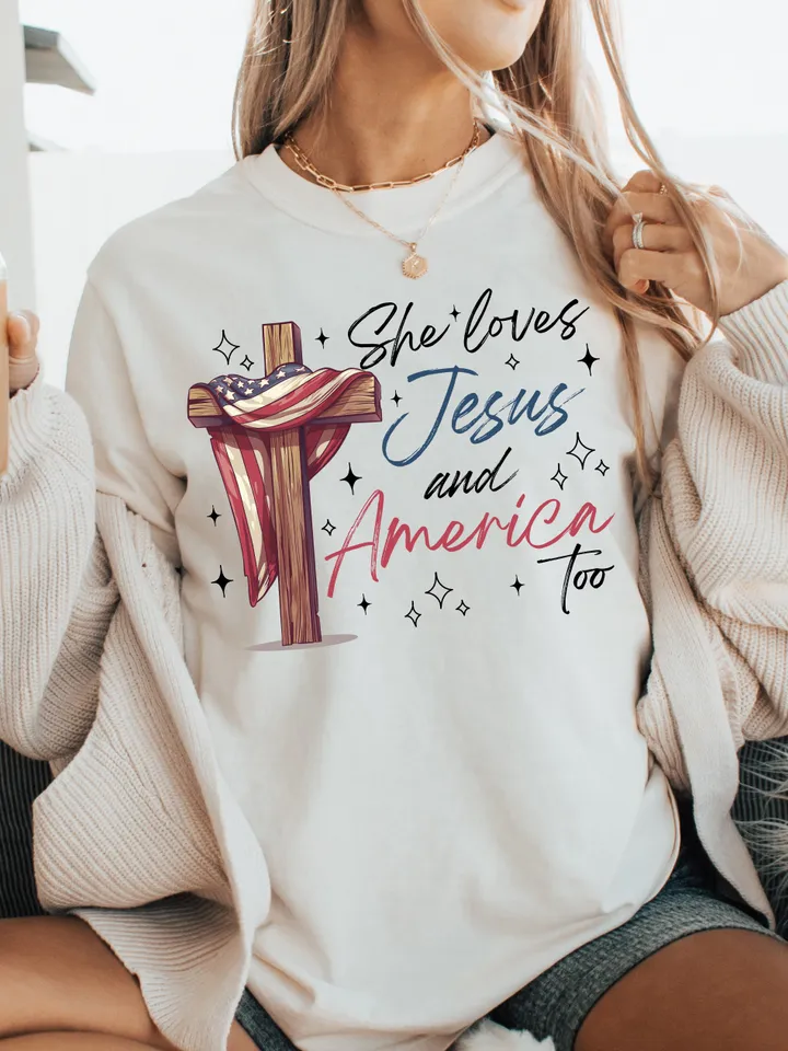 She Loves Jesus And America Too Png, America Png, Retro America Png, 4th Of July PNG, Retro 4th Of July Sublimation Design, Patriotic Png,