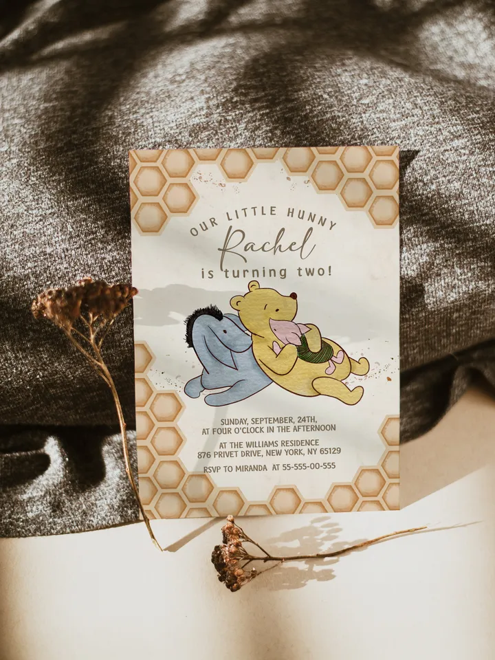 Winnie the Pooh Inspired First Birthday; Classic Winnie Pooh Invitations; Neutral Winnie Pooh Turning One; Winnie Pooh Birthday Party hc12