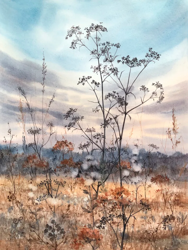 Meadow Original Watercolor Painting Field Landscape Wildflowers Art