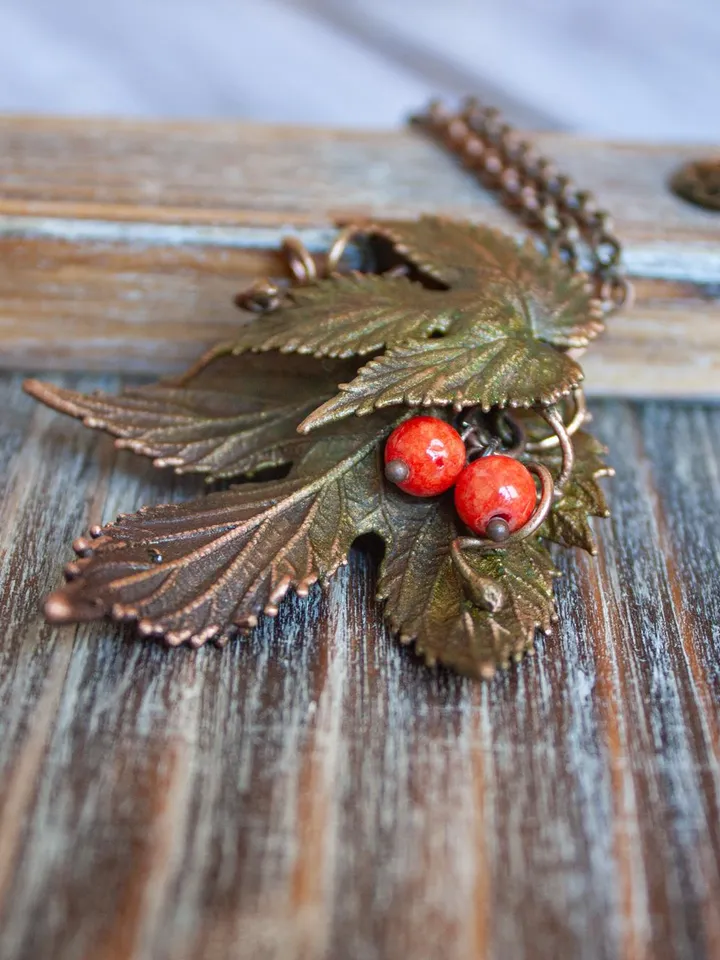 Unique handmade copper pendant made of nature leaves in a single copy, original gift