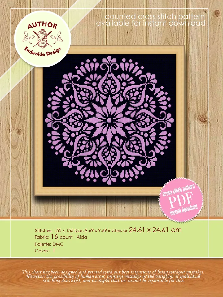 Flower mandala cross stitch pattern download PDF, Monochrome mandala pattern digital PDF, Easy floral ornament cross stitch chart #M109