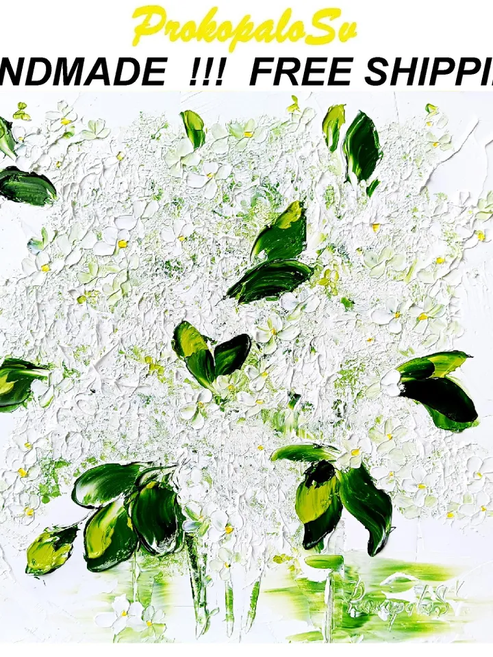 White Lilac Oil Painting Modern Floral Wall Art Original Impasto Flower Painting Unique Gift for Art Lovers 10x10 by ArtProkopaloSv