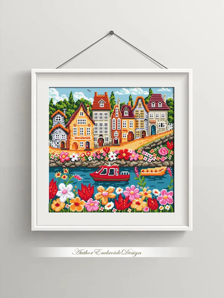 Summer houses cross stitch pattern PDF download Nature landscape cross stitch chart, Flower village pattern digital PDF, Home decor #E17