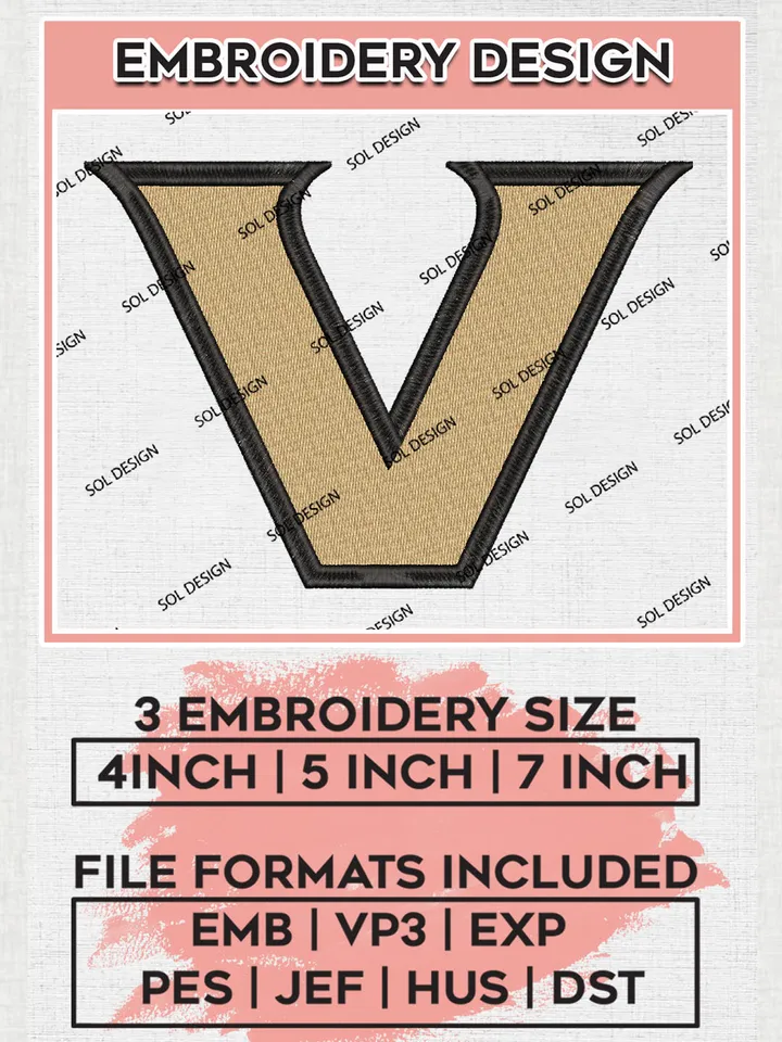 NCAA Vanderbilt Commodores Team Letter Logo Embroidery Design Files, NCAA Vanderbilt Commodores Machine Embroidery, NCAA Teams, 3 sizes, NCAA Machine embroidery designs, Digital Download