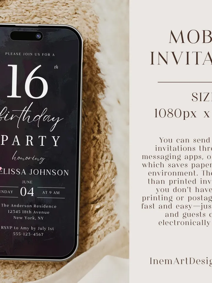16th Birthday Invitation for girl or boy – Moody Burgundy & Blush Peony Floral Invitation Elegant Dark Birthday Party Invite Canva Template