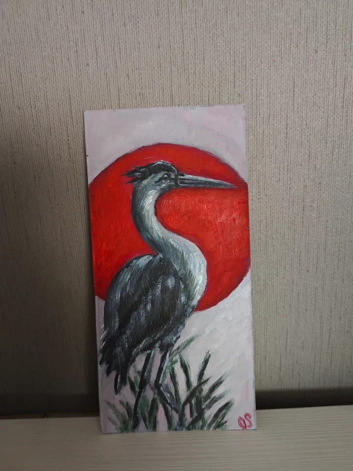 Japanese Crane Bird Original Painting Crane Bird Artwork Japanese Style Crane Modern Art Japanese Crane Red Sun Oil Painting 4 x 8 inches by OlgaSokolovaArt