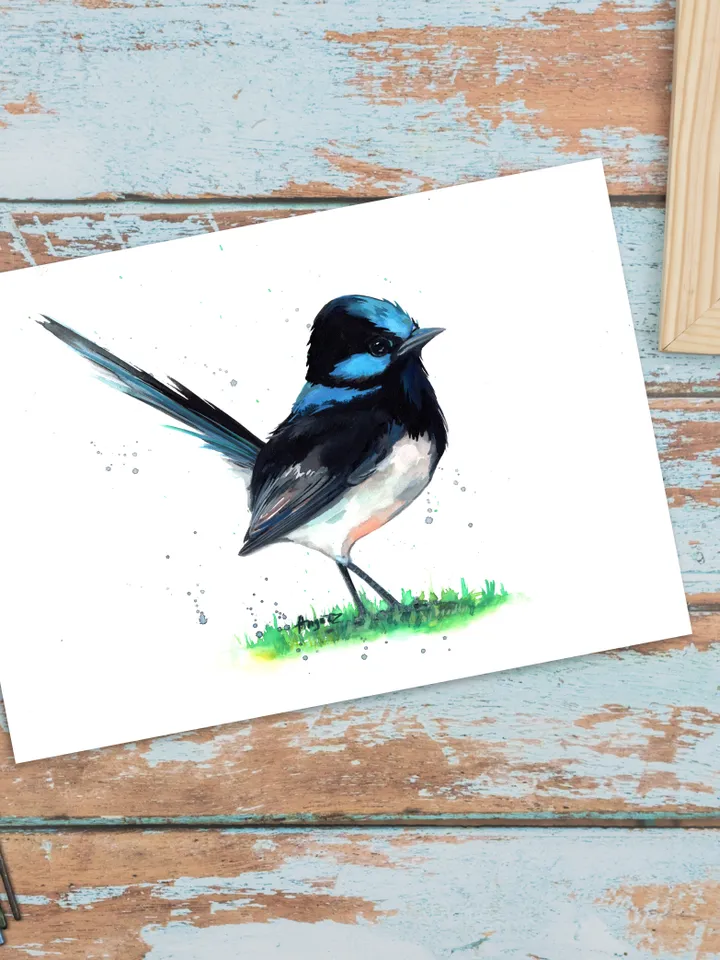 Blue fairy wren original watercolor, bird on the branch painting, colibri portrait room decor, 8x11 in wall art for bird lovers handmade by Anne Gorywine