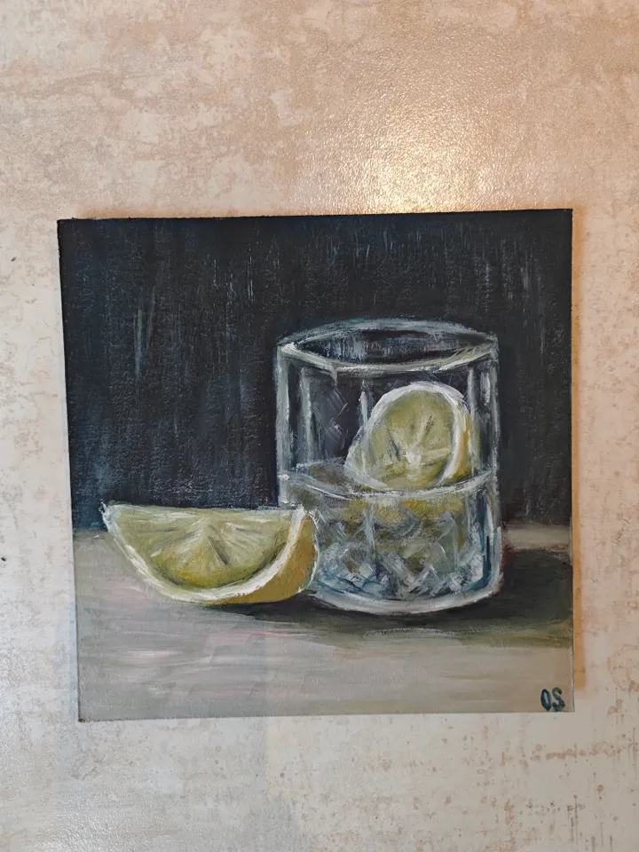 Lemon And Glass Original Painting Fruit Original Art Lemon In Glass Modern Artwork Piece Of Lemon And Glass Oil Painting Fruit Wall Art Decor 8 x 8 inches by OlgaSokolovaArt