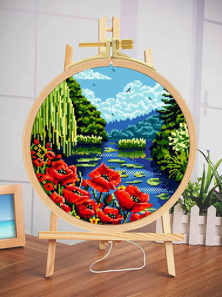 Nature landscape cross stitch pattern download PDF Flowers cross stitch poppies Modern landscape embroidery PDF Nature lover gift #L4