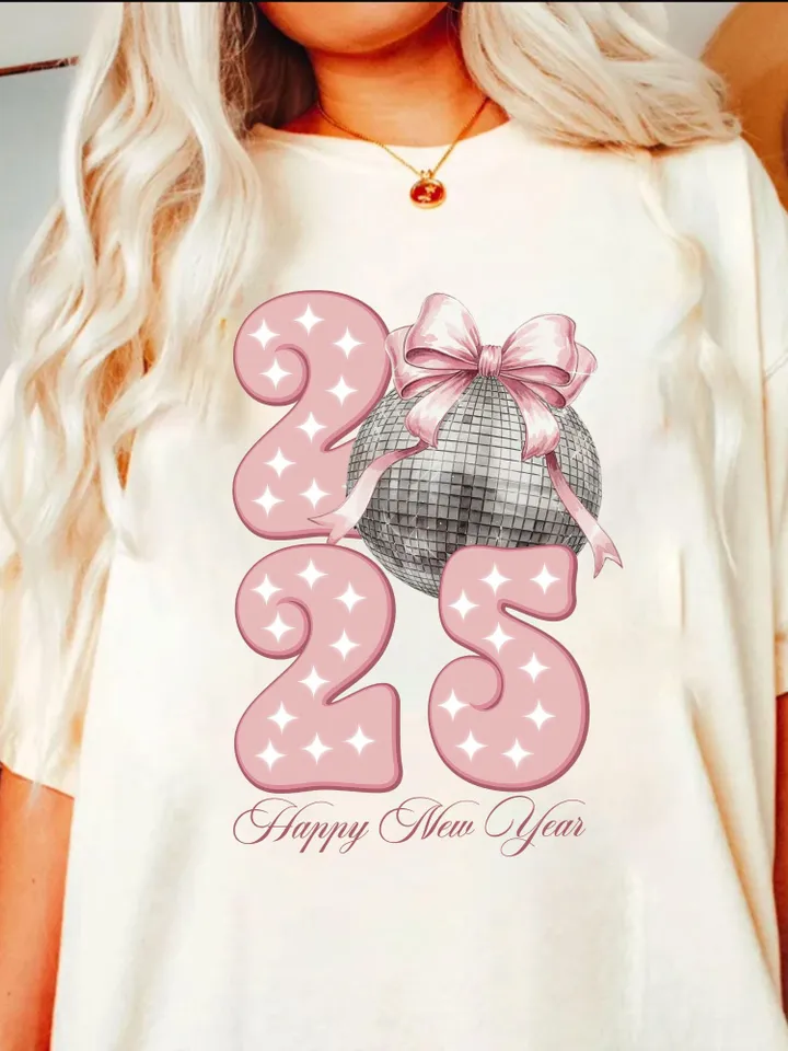 Happy New Year 2025 Png, Disco Ball New Year's PNG, Retro Happy New Year Sublimation, Trending Disco Ball, Pink Bow New Year Sublimination