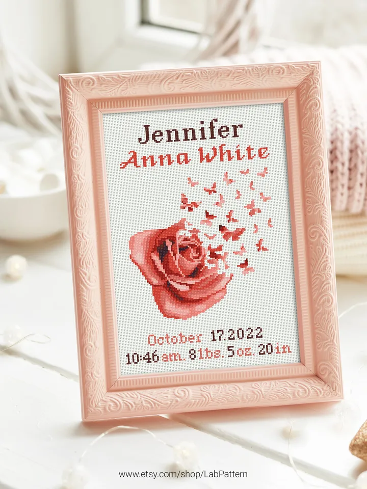 Rose Birth announcement cross stitch pattern, baby, personalized, boy girl nursery decor, counted, chart, gift DIY, embroidery, instant PDF