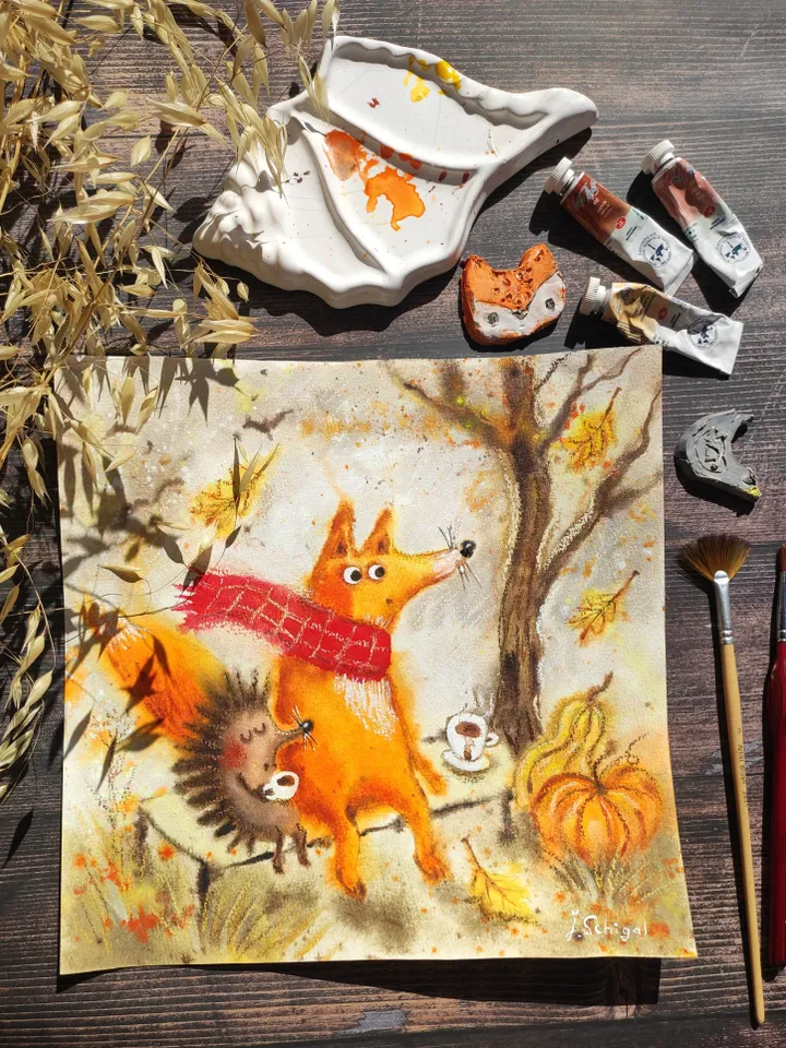 27×27cm Artwork by Julia Schigal "The Warm Autumn" - watercolor, gouache, pastel