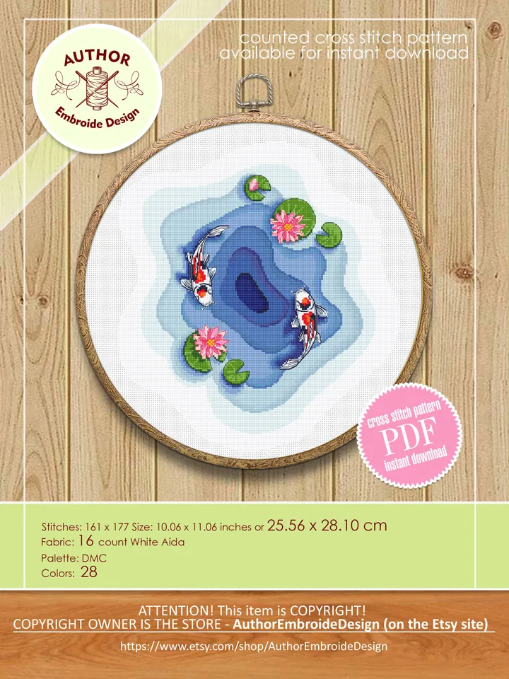 Koi pond cross stitch pattern download PDF, Koi fish cross stitch chart, Fish embroidery design, Oriental decor Water lily cross stitch #L45