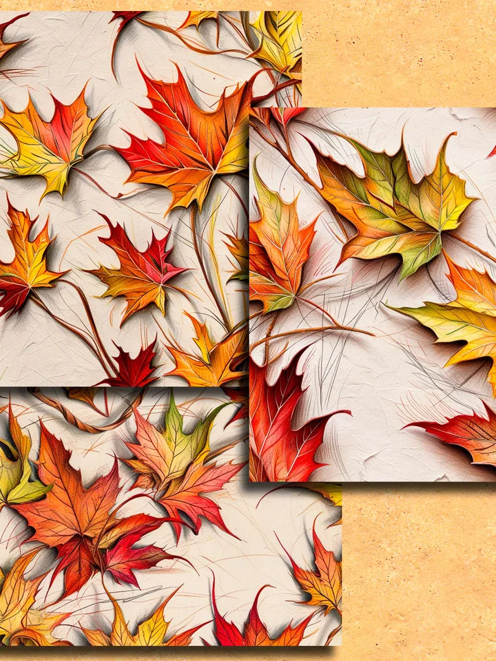 Autumn leaves, enchanted forest seamless 12 pieces pattern Unlimited Commercial Use digital print file instant download