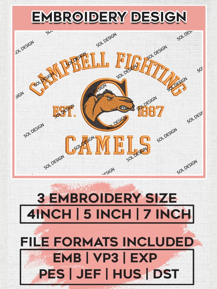Campbell Fighting Camels Est 1887 Logo Embroidery Designs, NCAA Campbell Fighting Camels Embroidery, NCAA Team Logo, 3 sizes, Machine embroidery Files, Digital Download