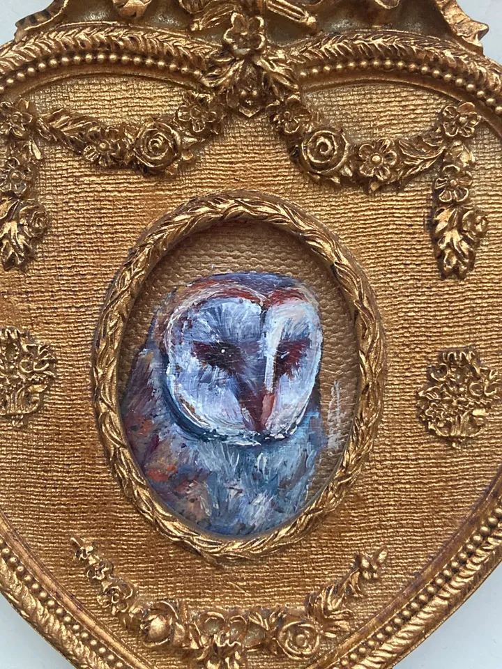 Owl Oil Painting Original In Vintage Style Heart Frame Small Framed Bird Art Barn Owl