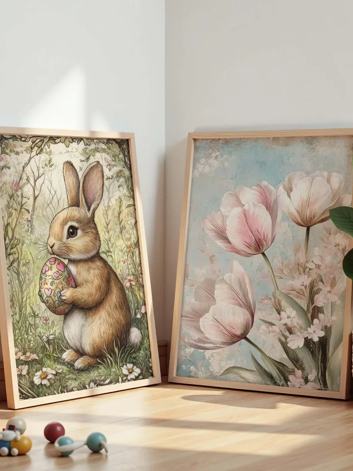 50+Printable Neutral Spring Prints, Gallery Set of Spring Wall Art, Easter Bunny Painting, Farmhouse Easter Painting, Easter Farmhouse Decor