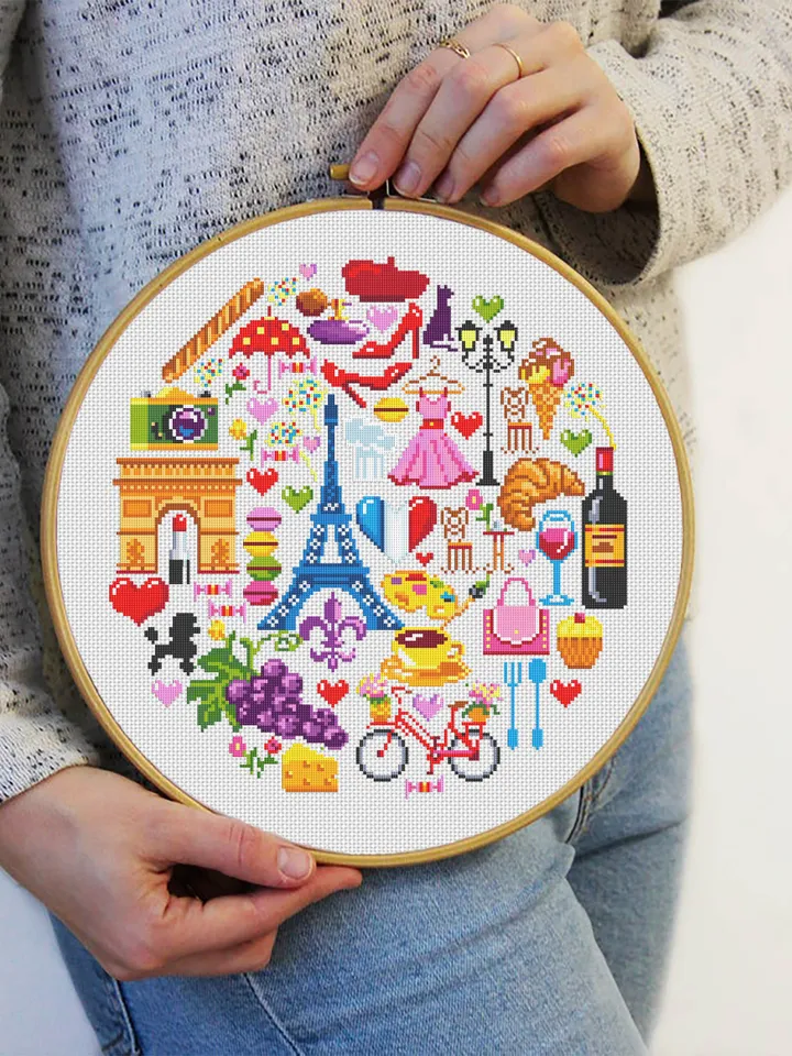 France cross stitch pattern download PDF French sampler PDF Paris cross stitch chart Travel beginner stitch Paris pattern round sampler #E6