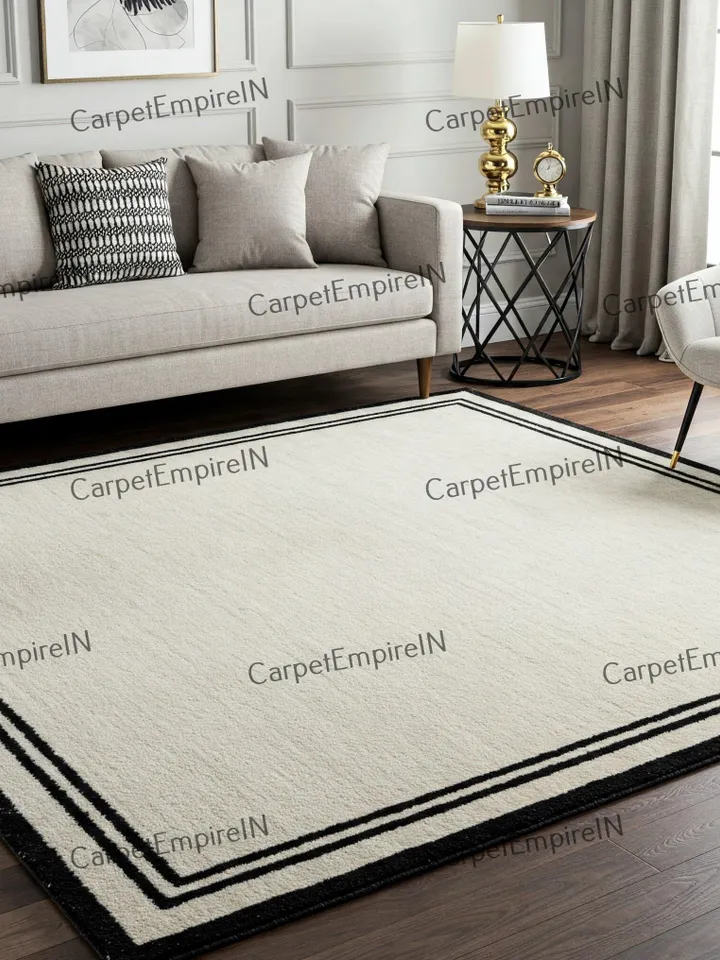 Hand-Woven Wool Border Rug, White & Black,Hand-Woven Wool | Multiple Sizes | Contemporary Living Room Rug, Chic Accent Rug 5x7,6x9,8x10,9x12