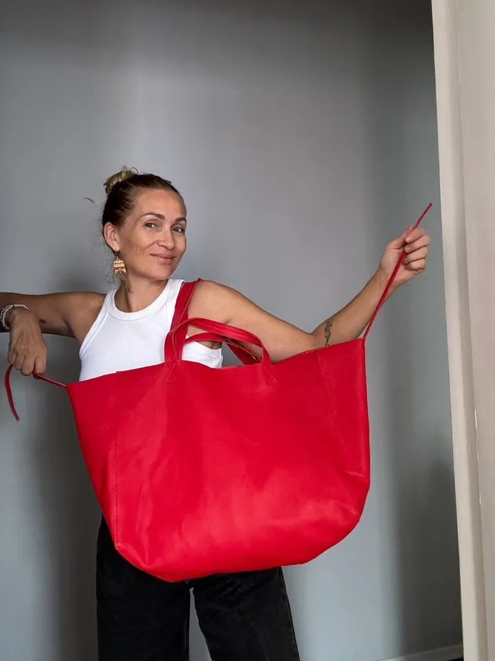 Genuine leather red oversize tote shopper triple handle big bag / everyday purse / handmade bags / designer bags / summer bag /