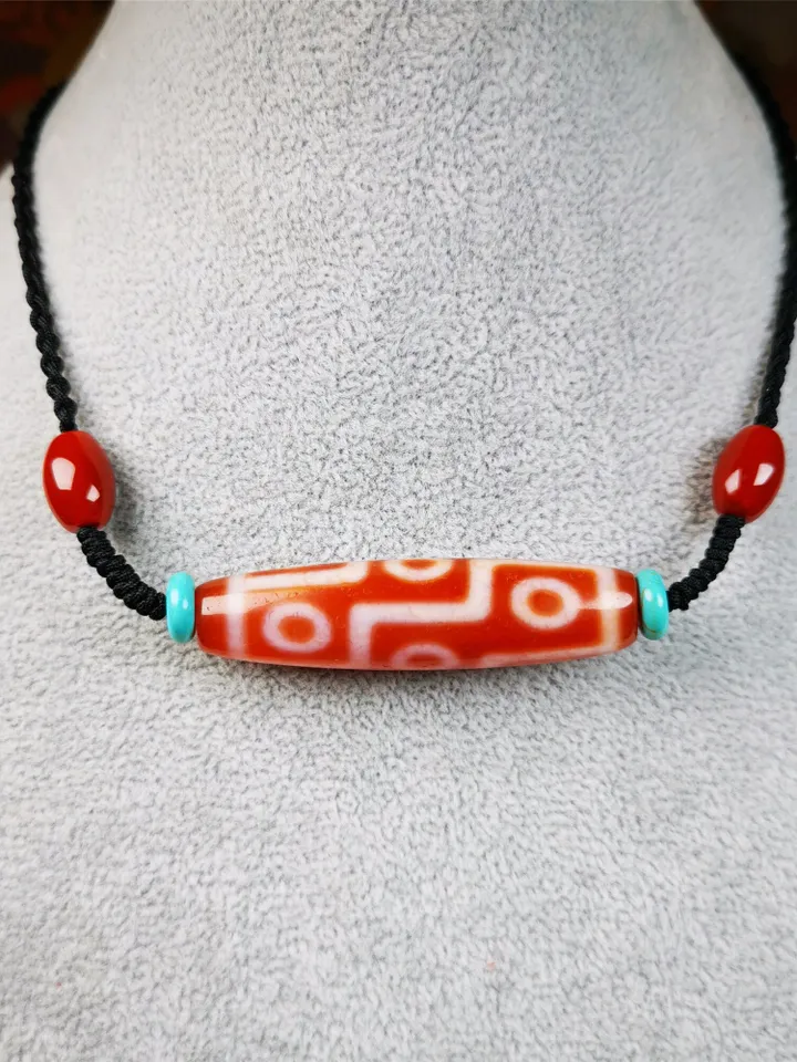 Gandhanra Unique Tibetan Fire Agate 9 Eyes Dzi Bead Necklace,1.96&quot; x 0.51&quot;
