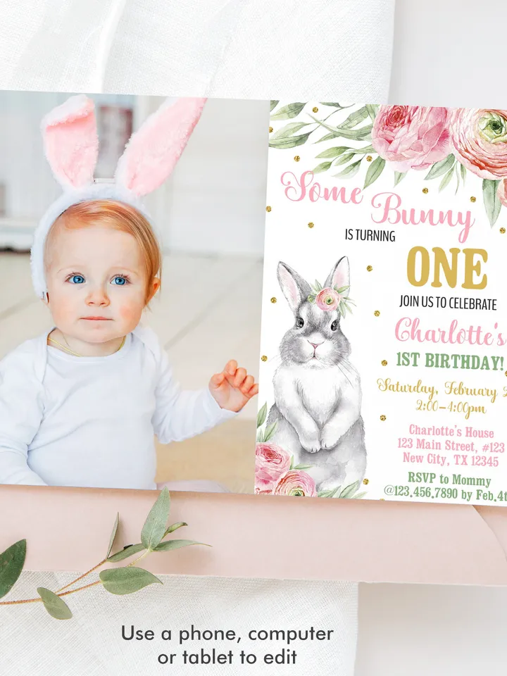 Bunny Birthday Invitation Girl 1st Birthday Invitation, Some Bunny Birthday Invitation with photo Instant Download, Editable Template