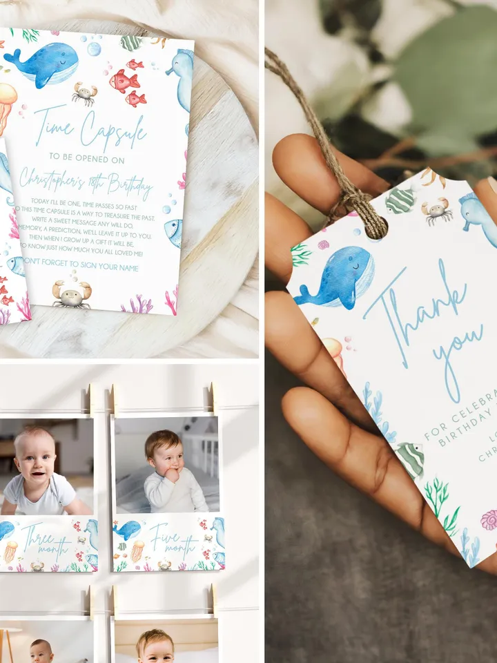 Oneder the Sea Birthday Invitation Bundle Boy or Girl Under the Sea 1st Birthday Invite Blue, 1st Birthday Girl, Sea Party Decorations i107