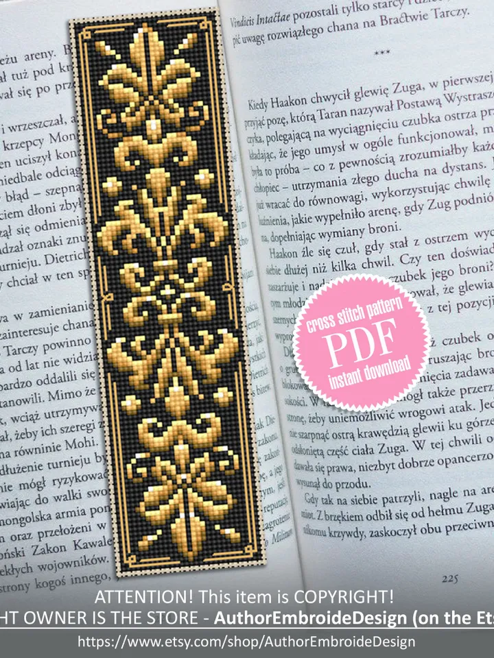 Floral ornament bookmark cross stitch pattern PDF download Easy Handmade bookmark digital PDF, Damask pattern Floral scroll embroidery #B133