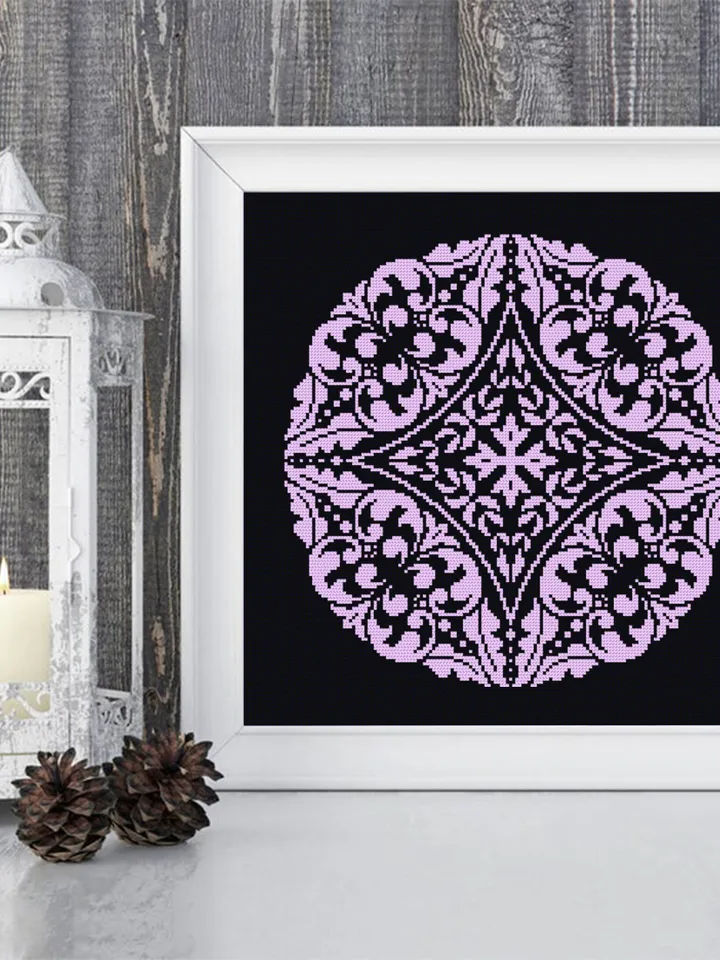 Flower mandala cross stitch pattern PDF download Monochrome cross stitch chart, Simple mandala pattern digital PDF, Mandala ornament #M262