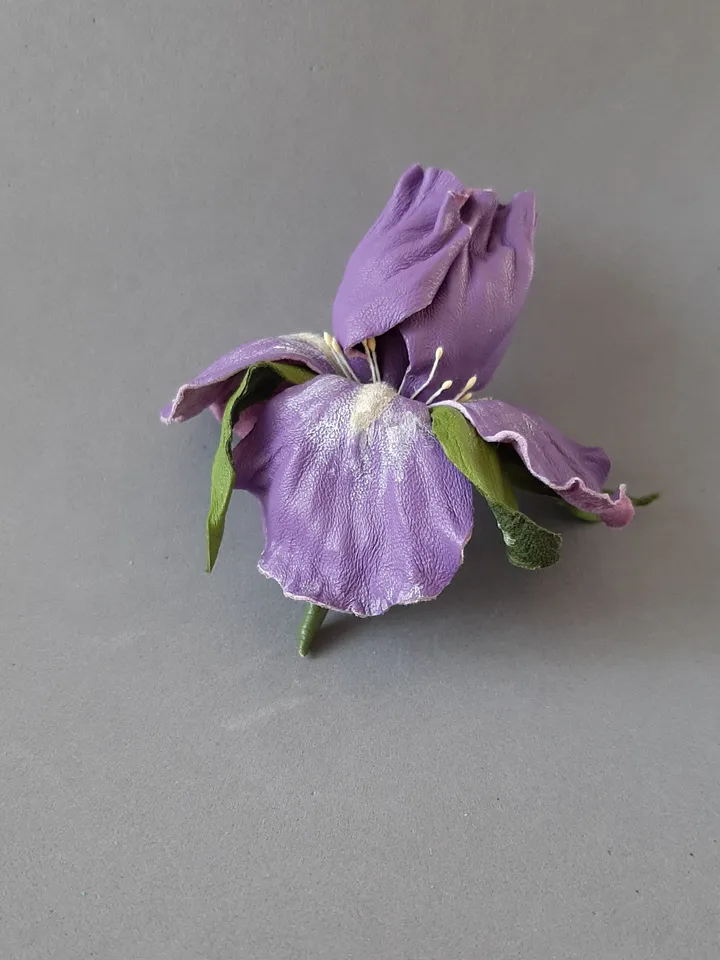 Lilac iris leather brooch for her , 3rd anniversary gift for wife, Leather women's jewelry