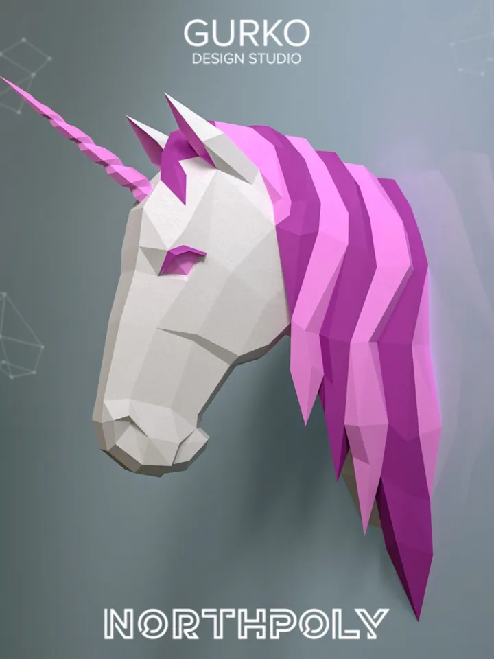 Unicorn Head Papercraft, Digital Template, PDF Download, Gurko, Trophy, 3D Low Poly, Pepakura, DIY Origami, Paper Decor, DIY Gift