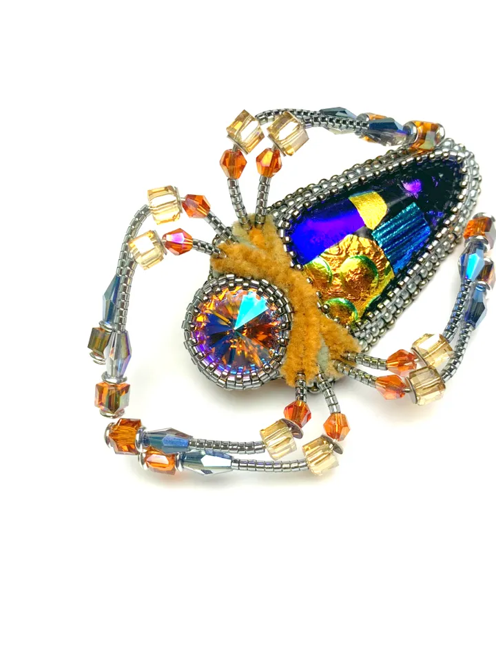 Orange spider brooch, Beaded insect brooch
