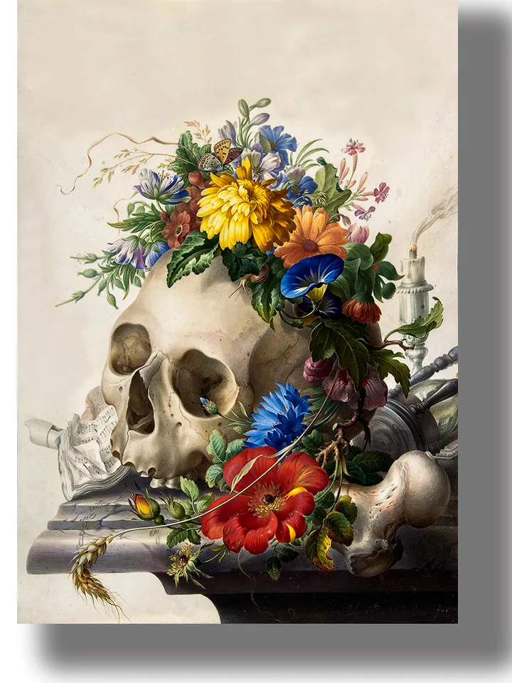 Human skull in flowers. Macabre still life.