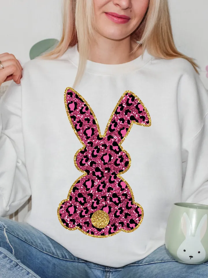 Trendy Easter Bunny, Sparkly Faux Sequins Easter Png, Pink Leopad Bunny, Cute Easter Day Shirt Design, Trendy Easter Day Png