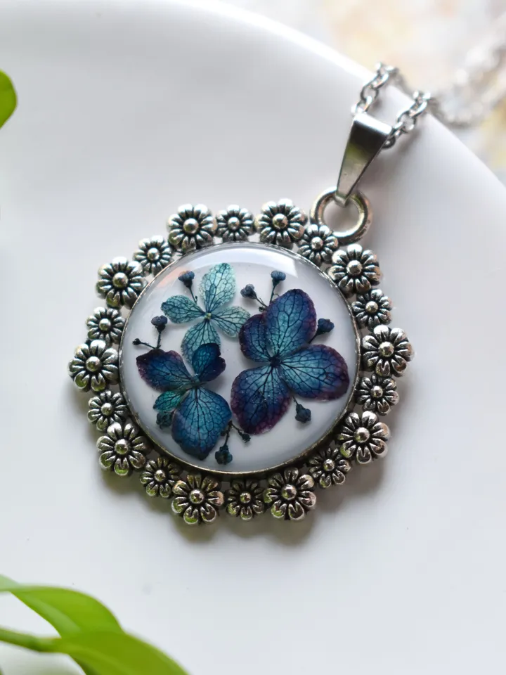 Pressed hydrangea Necklace. Real flower necklace. Botanical flower necklace.