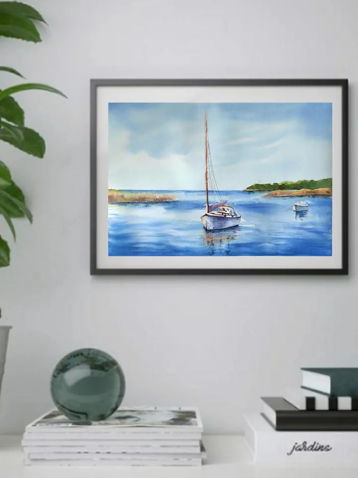 Original Watercolor Painting Sea Landscape Art Boats Artwork 30x40 cm by SoftWaves