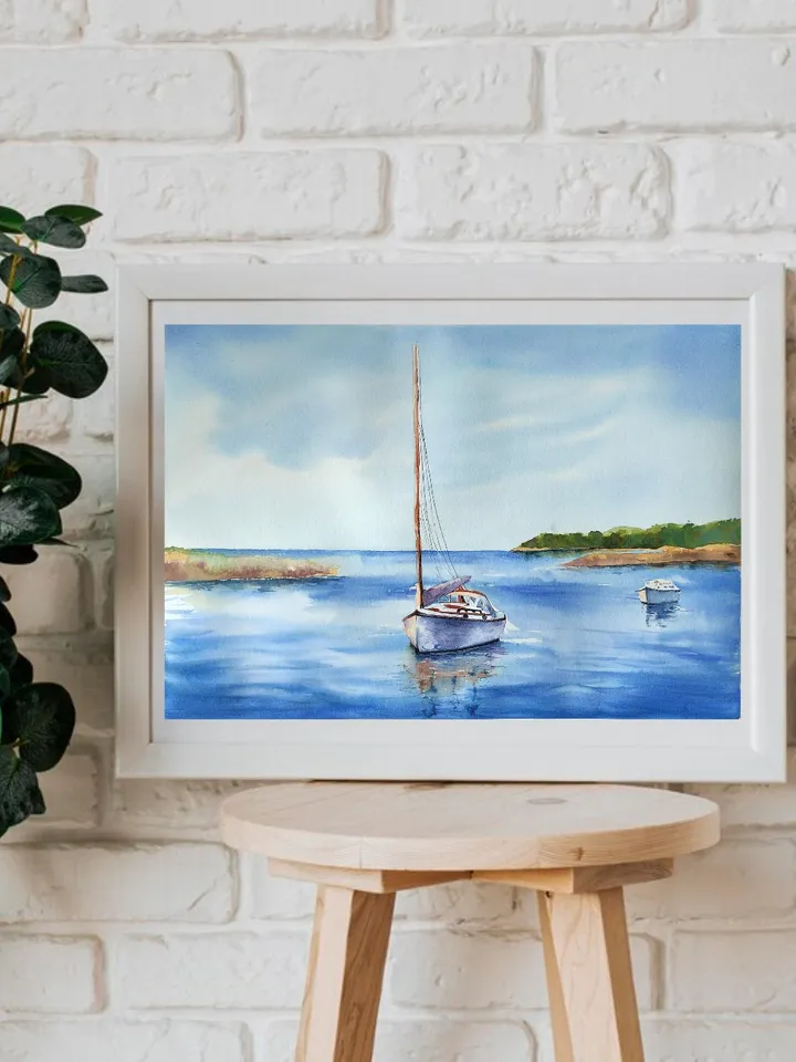 Original Watercolor Painting Water Landscape Art Boat on the Lake Artwork Boats Pictures 30x40 cm by SoftWaves