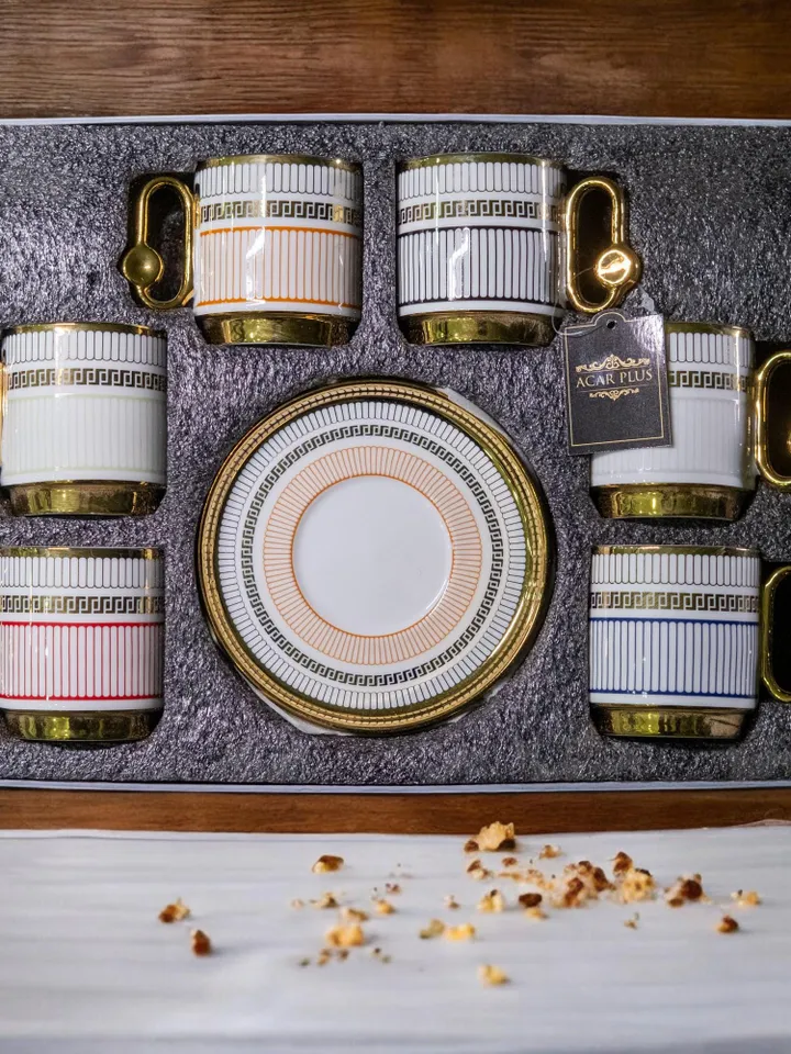 90 ml Creative Handle Elegant Orange & Gold Design Porcelain Coffee Cup Set | Luxurious Durable Cup Set Perfect Gift First Mothers Day Gift
