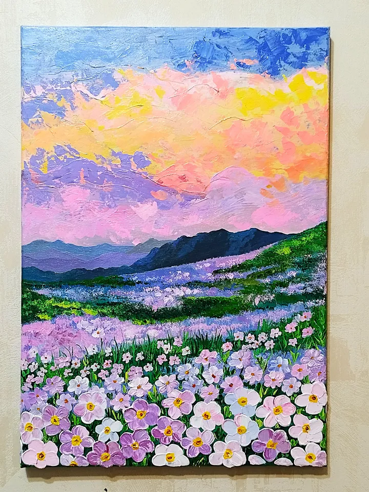 Sunset painting landscape art wildflowers wall decor