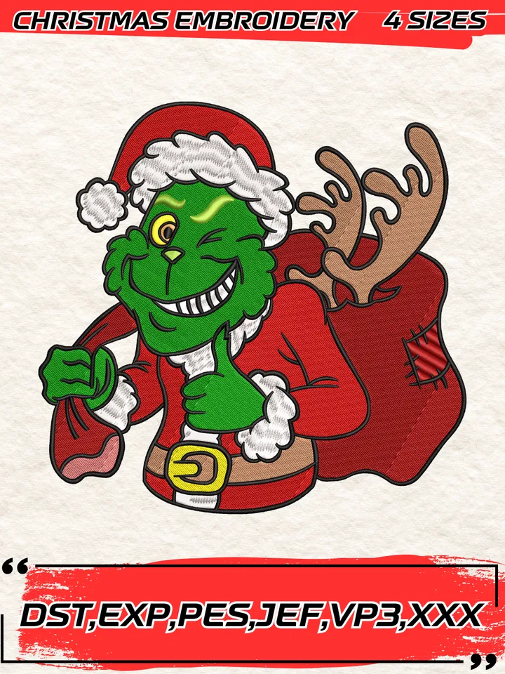 Santa Grinch Funny Embroidery Design,Grinch Christmas Embroidery Design,Christmas Embroidery Design,4 Sizes,Digital Download