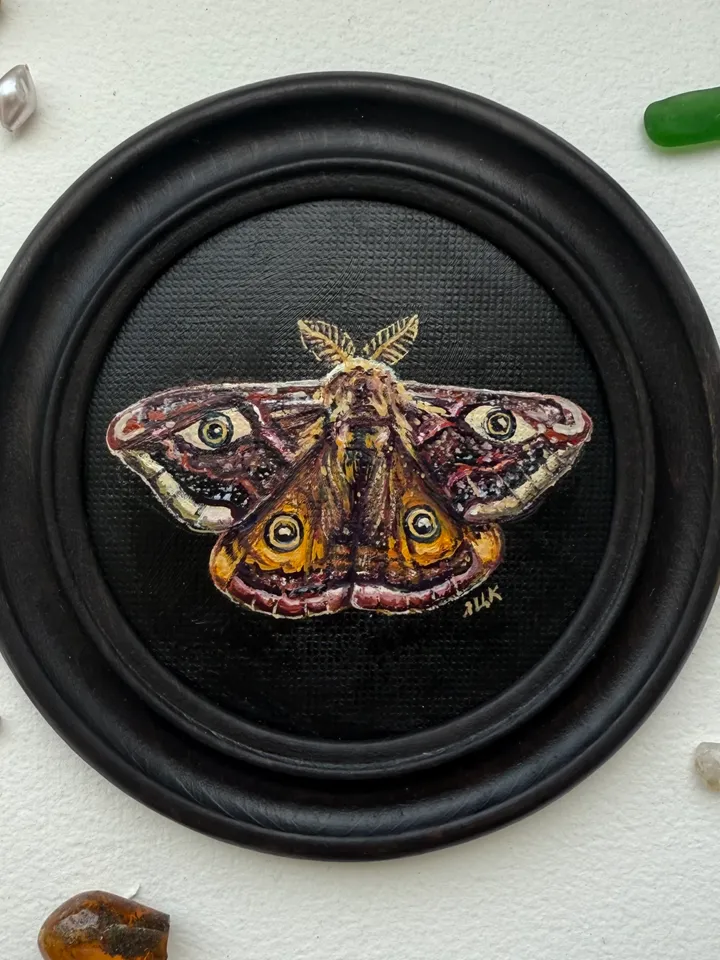 Moth Painting Original Gold Frame Art Round Oil Painting Small Dark Academia Original Painting Dark Framed