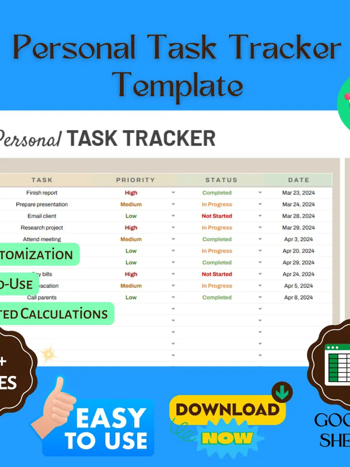 Personal Task Tracker Template, Editable Google Sheets, To-Do List Planner, Daily and Weekly Task Management
