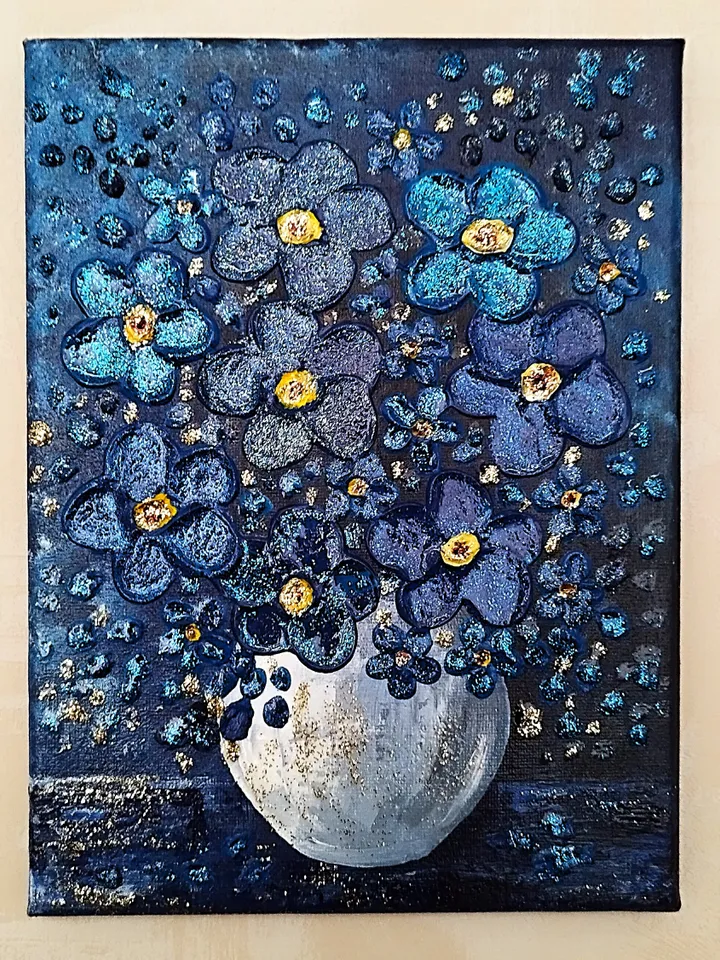 Flower Bouquet Blue Textured Painting Wall Decor