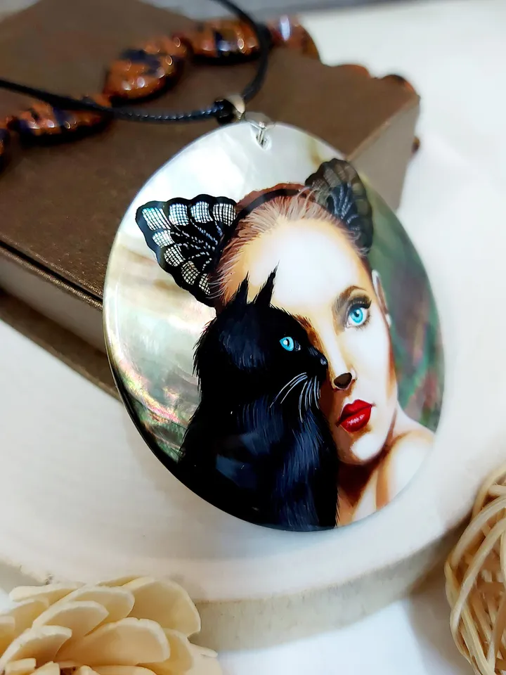 Mother-of-pearl Russian hand-painted necklace pendant "Сatwoman" Jewelry Russian jewelry magic of painting fine art jewelry Fedoskino