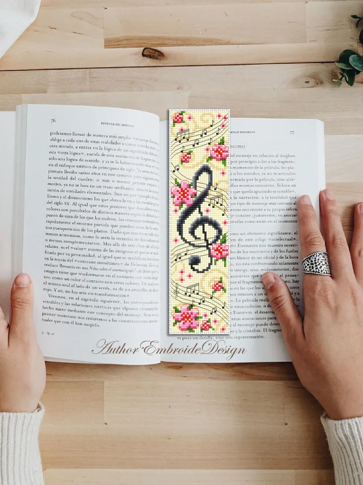 Music bookmark cross stitch pattern PDF download Treble clef cross stitch chart, Flower bookmark pattern digital PDF, Music key notes #B407