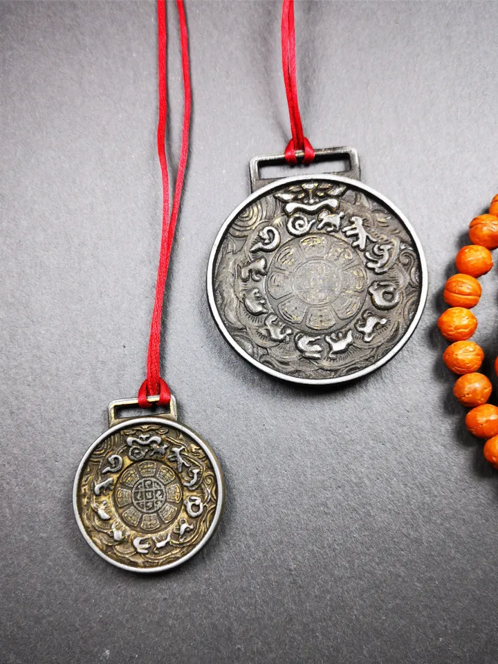 Gandhanra Vintage Tibetan Buddhist Amulet,Melong Mirror, SIPAHO(srid pa ho),Jiugong Bagua Badge,made of Copper,Couple Set of 2 Badges